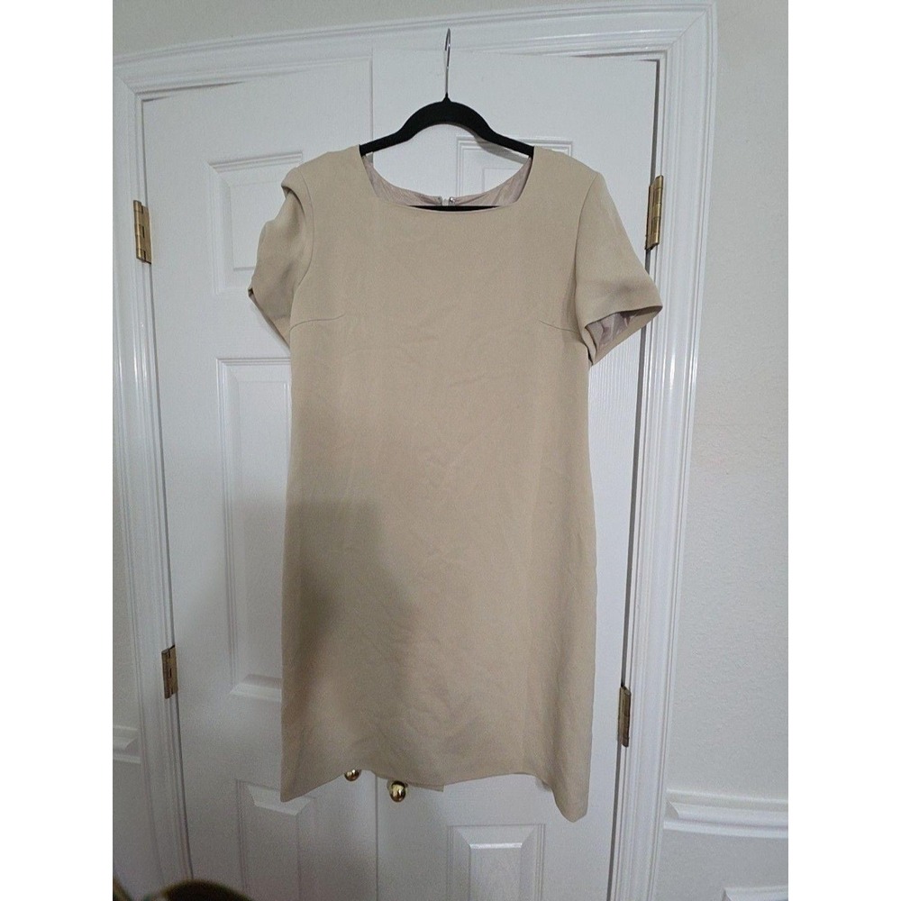 Talbots Dress Womens 14 Petite Beige Pure Silk Short Sleeve Shift Lined Work
